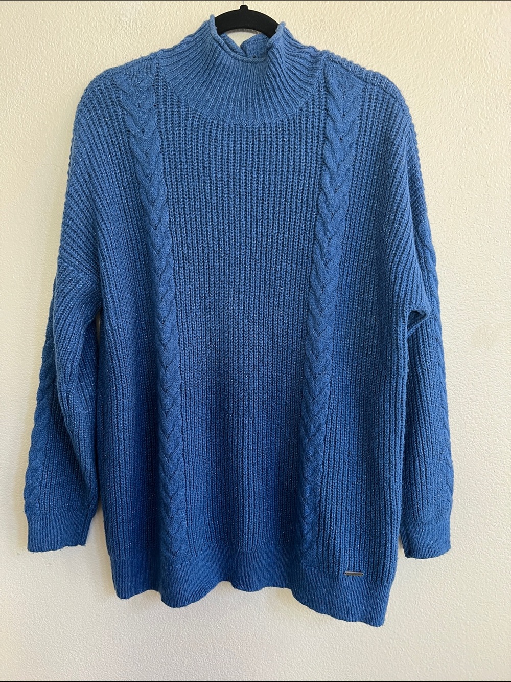 ABERCROMBIE & FITCH Cable Knit Funnel Neck Button Back Sweater Heathered Blue L